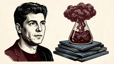 Sam Altman beside a laboratory flask containing a swirling cloud, positioned above a stack of rigid metal plates. Identity photo references adapted into illustration: Steve Jurvetson (CC BY 2.0; https://creativecommons.org/licenses/by/2.0); source https://commons.wikimedia.org/wiki/File:Sam_Altman_speaking_at_TED_(cropped).jpg