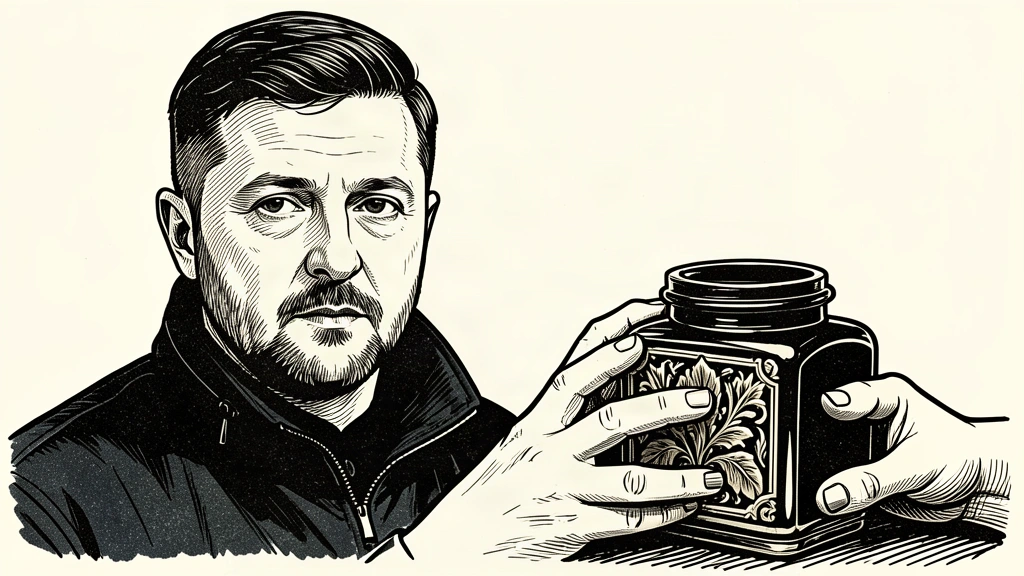 A portrait of Zelenskyy presenting a heavy inkwell, symbolizing the request for a collective diplomatic guarantee. Identity photo references adapted into illustration: President Of Ukraine from Україна (CC0; http://creativecommons.org/publicdomain/zero/1.0/deed.en); source https://commons.wikimedia.org/wiki/File:2025_Volodymyr_Zelenskyy_(cropped).jpg