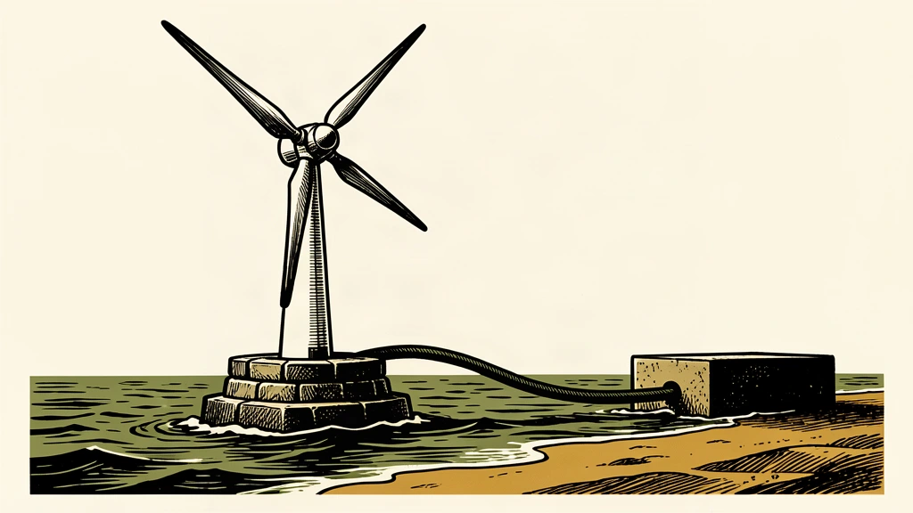 An illustration of an offshore wind turbine physically anchored to a coastal stone block, representing local tax compliance.