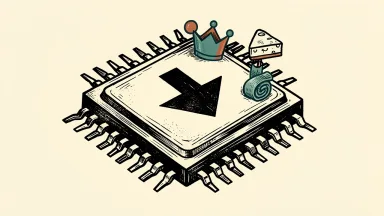 A falling semiconductor chip with a downward arrow, while a cheesecake slice, crown, and towel stand steady on its edge.