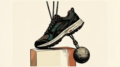 Nike earnings show mixed results: an athletic shoe with laces pulled upward while a heavy stone weight drags on the heel.