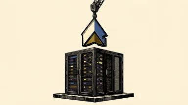 Anthropic reportedly signs a cloud deal with IREN: the Anthropic logo is lowered onto a large server rack by a crane.