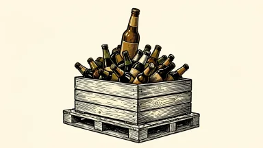 Constellation Brands beer shipments outpace depletions: a wooden crate overflowing with glass beer bottles on a pallet.