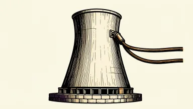 Constellation Energy nuclear power agreement: a large cooling tower with a heavy power cable bolted to its side, representing a 20-year supply commitment.