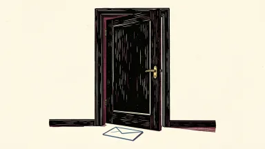 AT&T marketing officer Lori M. Lee's retirement is shown by an office door ajar with an envelope on the floor.