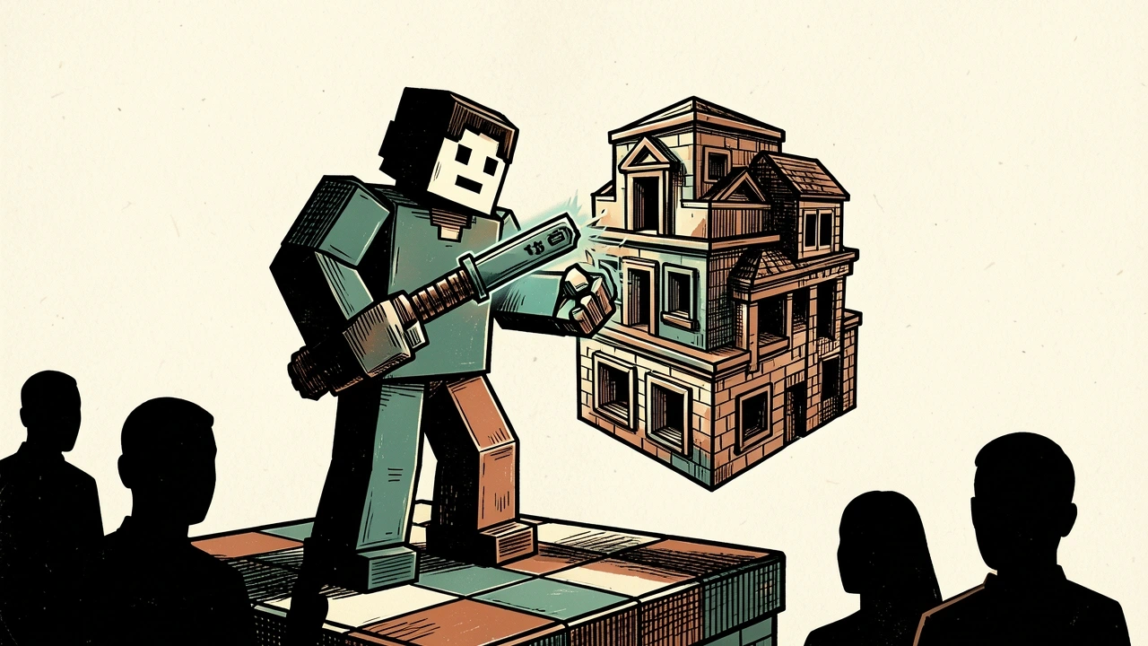 Roblox AI game development tool: a blocky character carves a complex structure from a floating cube using a digital tool.