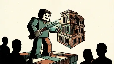 Roblox AI game development tool: a blocky character carves a complex structure from a floating cube using a digital tool.