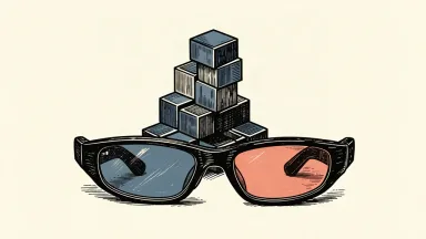 An editorial illustration showing a pair of smart glasses with a vertical stack of tiles rising from the lens to represent growth.