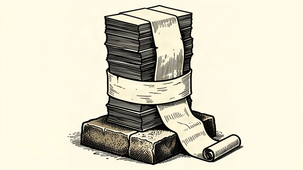 A stack of banknotes is secured to a heavy stone base by a long, thick paper scroll wrapped around it.
