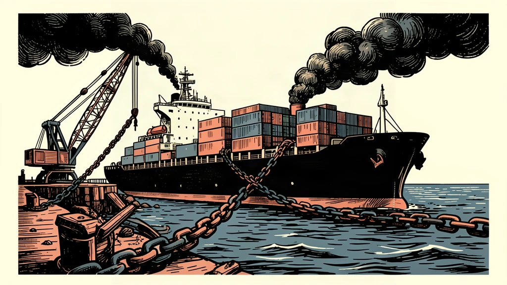 An editorial illustration showing a blocked cargo ship and a destroyed crane at a port, representing the economic cost of the blockade.