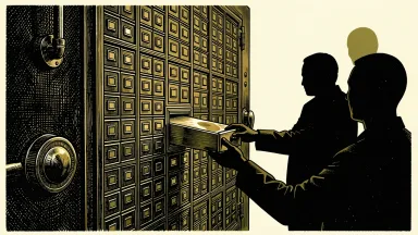 KKR acquiring Gen II Fund Services: a large open vault door reveals a grid of secure boxes as a new drawer is slotted into place.