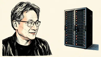 Jensen Huang and Nvidia's relationship with CoreWeave: a portrait of Huang beside a freestanding, independent server rack. Identity photo references adapted into illustration: Photographer: Peter Dasilva (CC BY 4.0; https://creativecommons.org/licenses/by/4.0); source https://commons.wikimedia.org/wiki/File:Jensen_Huang_(cropped)_(2024).jpg