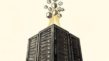 Microsoft's AI-driven growth lifting the software sector: a large server rack supporting and elevating smaller geometric blocks.