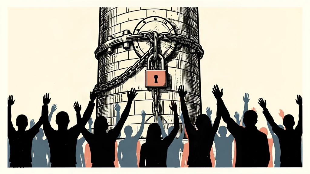 An editorial illustration showing a locked oil silo with protesters gathered at its base, representing the production halt in Libya.