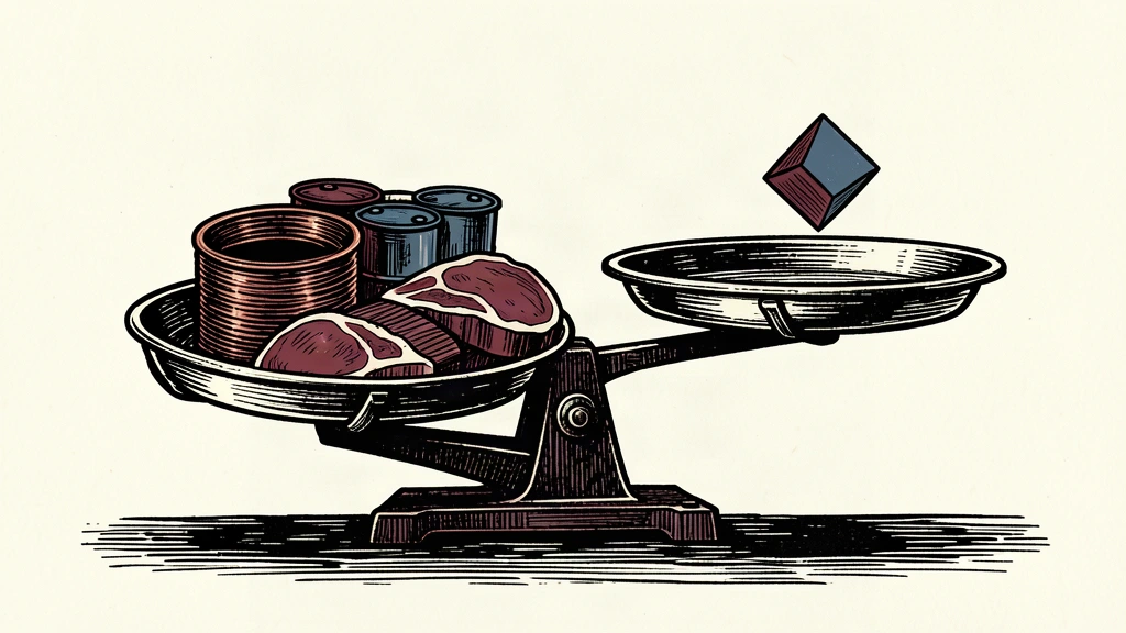 An editorial illustration of a heavy metal scale where a massive pile of copper, beef, and oil drums outweighs a small floating tile representing the stock market.