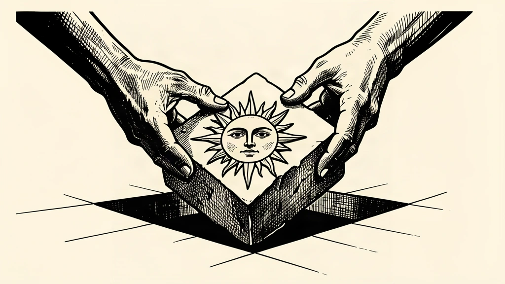 An illustration of a stone block with a sun motif being guided into a foundation by large hands.