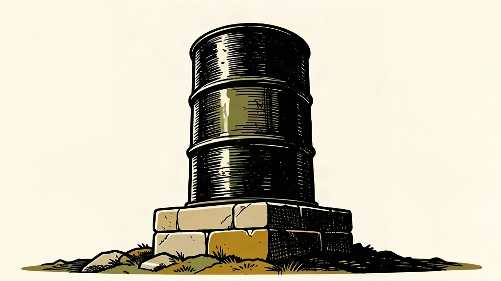 A large oil barrel sits atop a high stone platform, conveying a significant price increase through physical elevation.