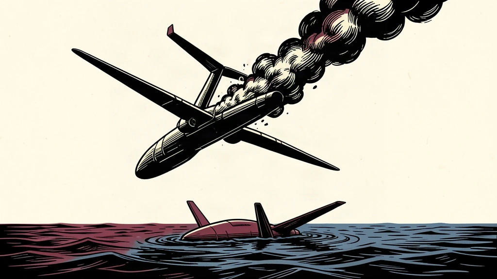 An editorial illustration showing two unmanned aircraft falling from the sky into water, with one trailing smoke.