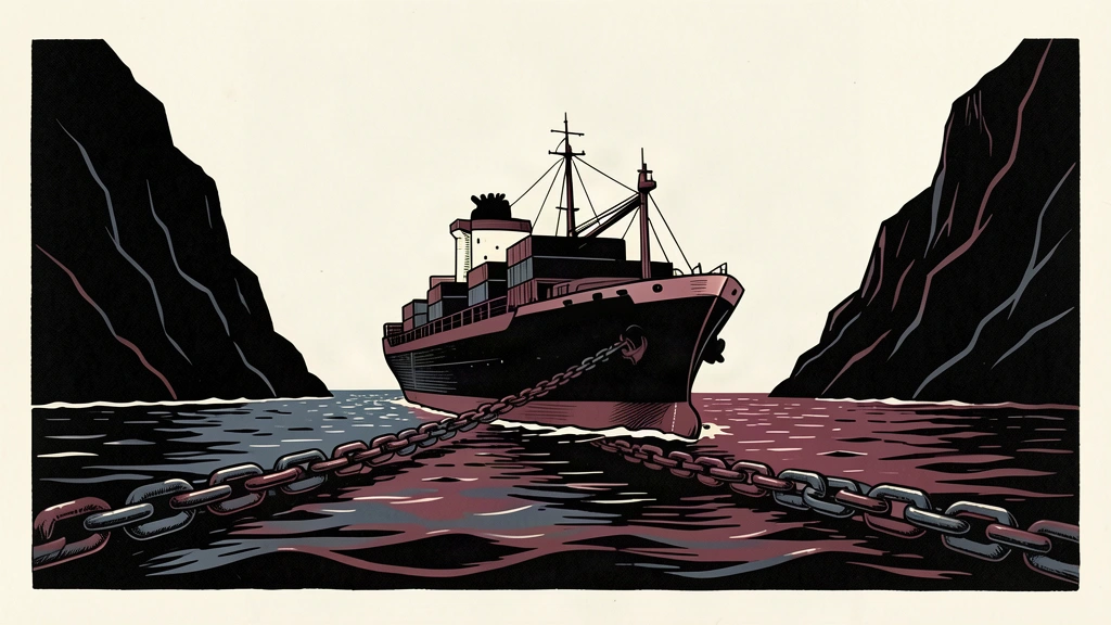 An editorial illustration of a cargo ship approaching a narrow strait blocked by a submerged chain.
