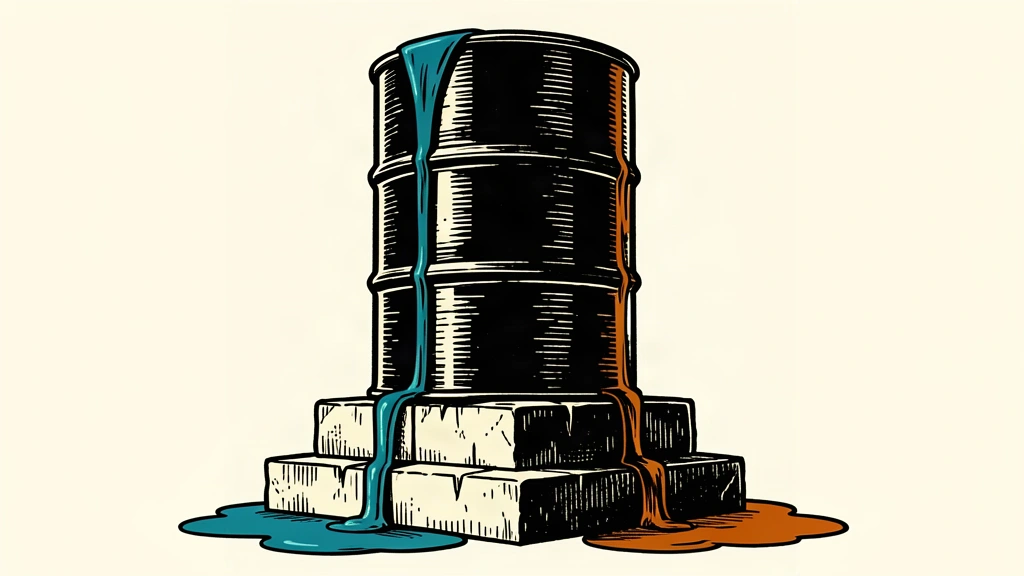 A large oil barrel sits atop a high stone pedestal with liquid overflowing from its rim.