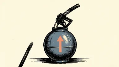 Diesel shortage scene: a large fuel nozzle inserted into a globe-shaped tank with an upward arrow on its side.