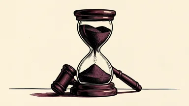 Alphabet facing a class action over Gemini delays: a large hourglass with sand stuck in the top chamber, leaning against a legal gavel.