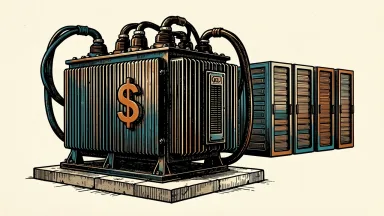 US data center power investment: a large electrical transformer with a dollar sign icon connected by thick cables to a row of server racks.