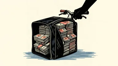A stylized black ink illustration of a delivery bag overflowing with stacks of money, with a bicycle handlebar visible behind it.
