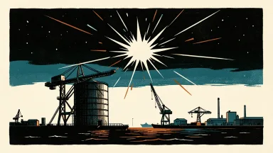 A ballistic missile interception over Yanbu port: a bright burst in the night sky above the dark silhouettes of intact oil tanks and shipping cranes.