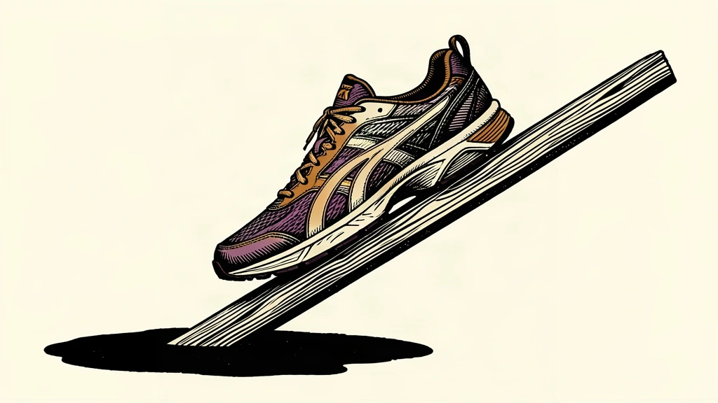 An athletic shoe sliding down a steep incline into a dark pool.