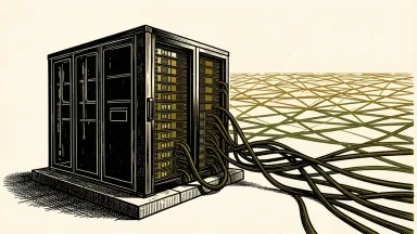 Digital Realty and Blackfuel AI infrastructure: a liquid-cooled server rack connected to a vast network mesh.