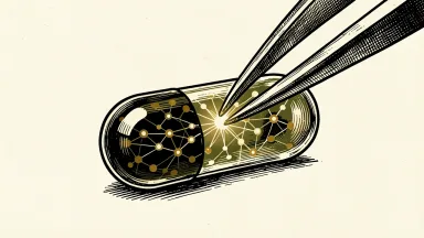 AstraZeneca and Insitro AI drug discovery deal: a large pharmaceutical capsule containing a glowing digital network being assembled with laboratory tweezers.