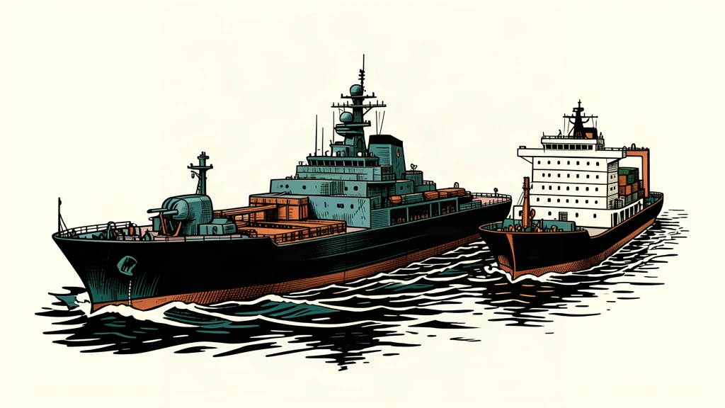 A naval ship provides a protective escort to both a crude oil tanker and a refined product carrier.