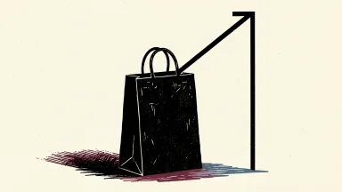 Shopify stock rally supported by technical patterns: a large shopping bag sits beside a rising line that passes through a geometric gate.
