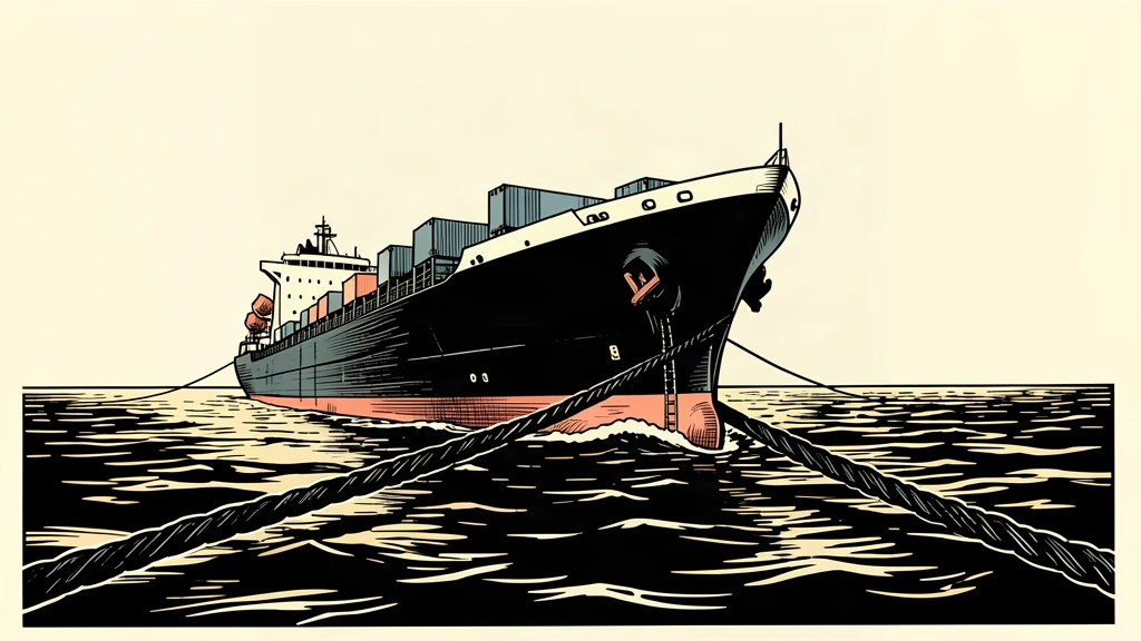 An editorial illustration showing a large merchant ship stopped by a heavy cable stretched across a narrow waterway.