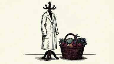 Kroger Health President Colleen Lindholz retires: a lab coat hangs on a rack next to a basket of fresh produce.