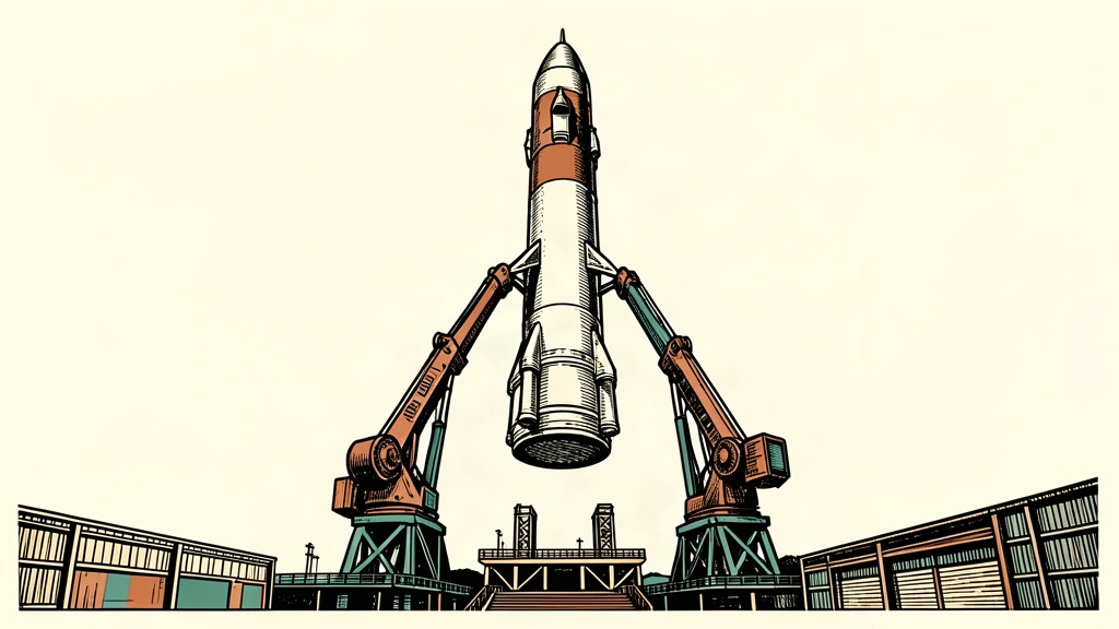 An editorial illustration showing a large rocket stage descending into the open mechanical arms of a launch tower.