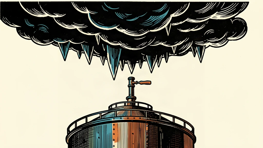 An illustration of a large industrial gas tank under heavy, ice-like clouds pressing down from above.