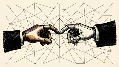 Atlassian human-AI collaboration: a human hand and a robotic hand meet at a central node within a vast network of interconnected lines.