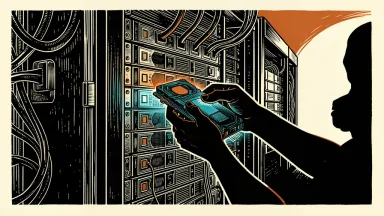 An illustration of a hand installing a high-performance processor into a complex data center server rack.