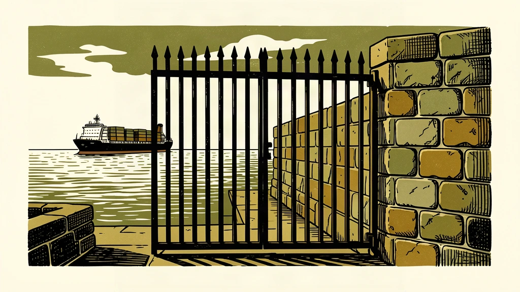 An editorial illustration showing a heavy iron gate separating a commercial ship from a solid stone wall, representing a lack of trust and a diplomatic barrier.