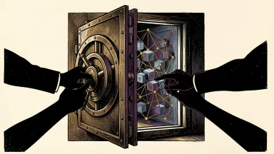 Securitize and LG CNS partner on tokenized assets: two hands turn a vault wheel to reveal a digital blockchain lattice inside.