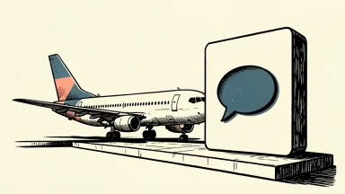 Southwest Airlines launches a ChatGPT plugin: a commercial jet stands beside a large digital tile featuring a chat bubble icon.
