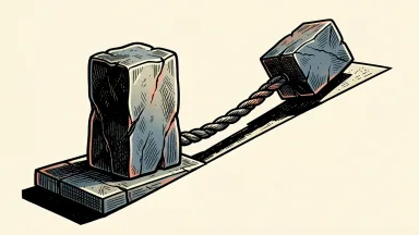 Accenture revenue beating guidance: a large stone monolith stands taller than a guidance ledge, while a second block is pulled upward by a thick cable.