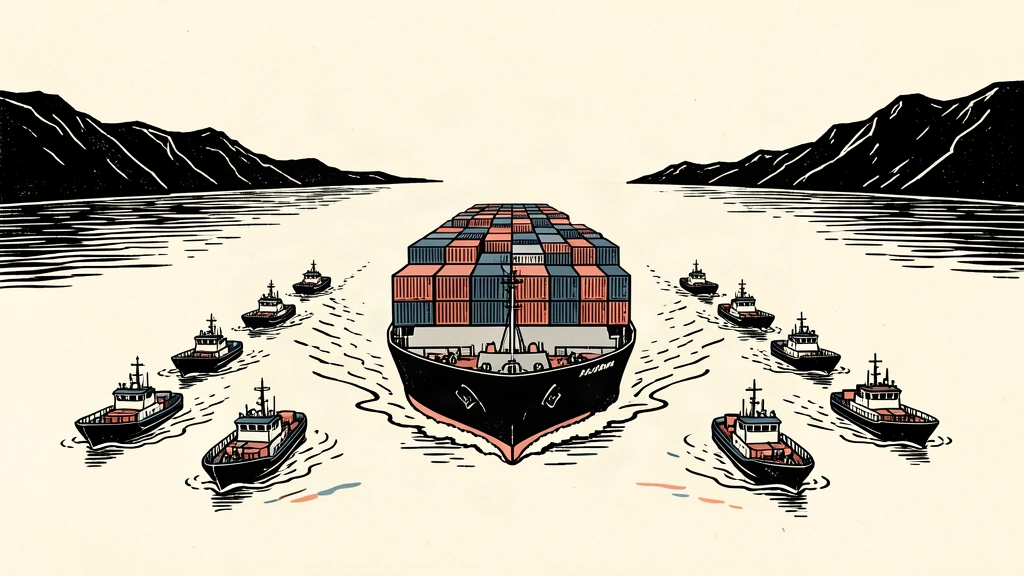 An editorial illustration showing a large container ship being escorted by a coalition of smaller vessels through a narrow strait.
