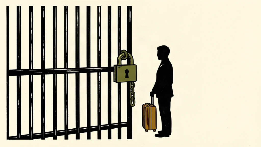 An editorial illustration showing a traveler with a suitcase stopped by a massive, locked gate representing travel restrictions.