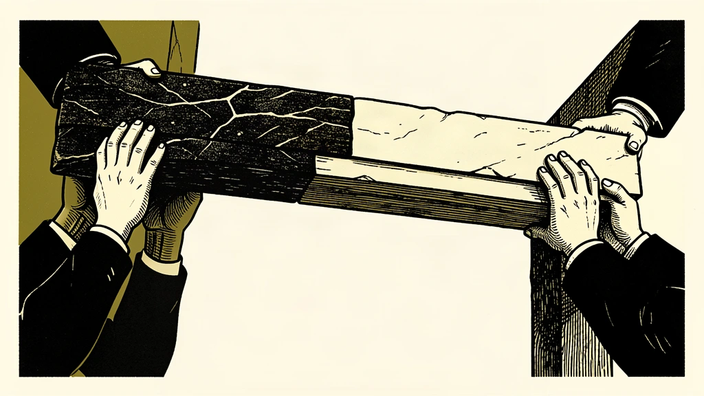 An editorial illustration of a heavy stone beam composed of two different materials being placed to bridge a gap between two pillars, representing the formation of a new bilateral economic structure.