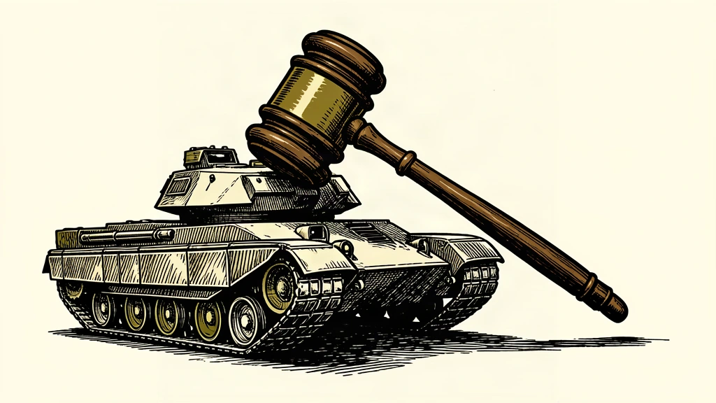 A conceptual illustration where a single large legislative gavel physically restrains a military tank.