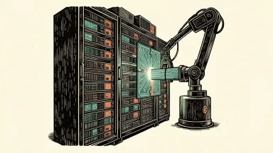 Nebius acquiring Inferize to optimize GPU efficiency: a precision panel being integrated into a large server rack to fill a gap in the hardware.