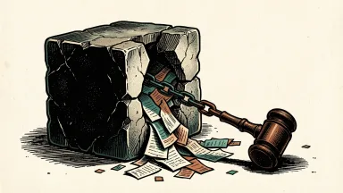 Taboola facing a securities fraud lawsuit: a stone block representing the company is pulled open by a chain and gavel to reveal a hollow interior of scrap paper.